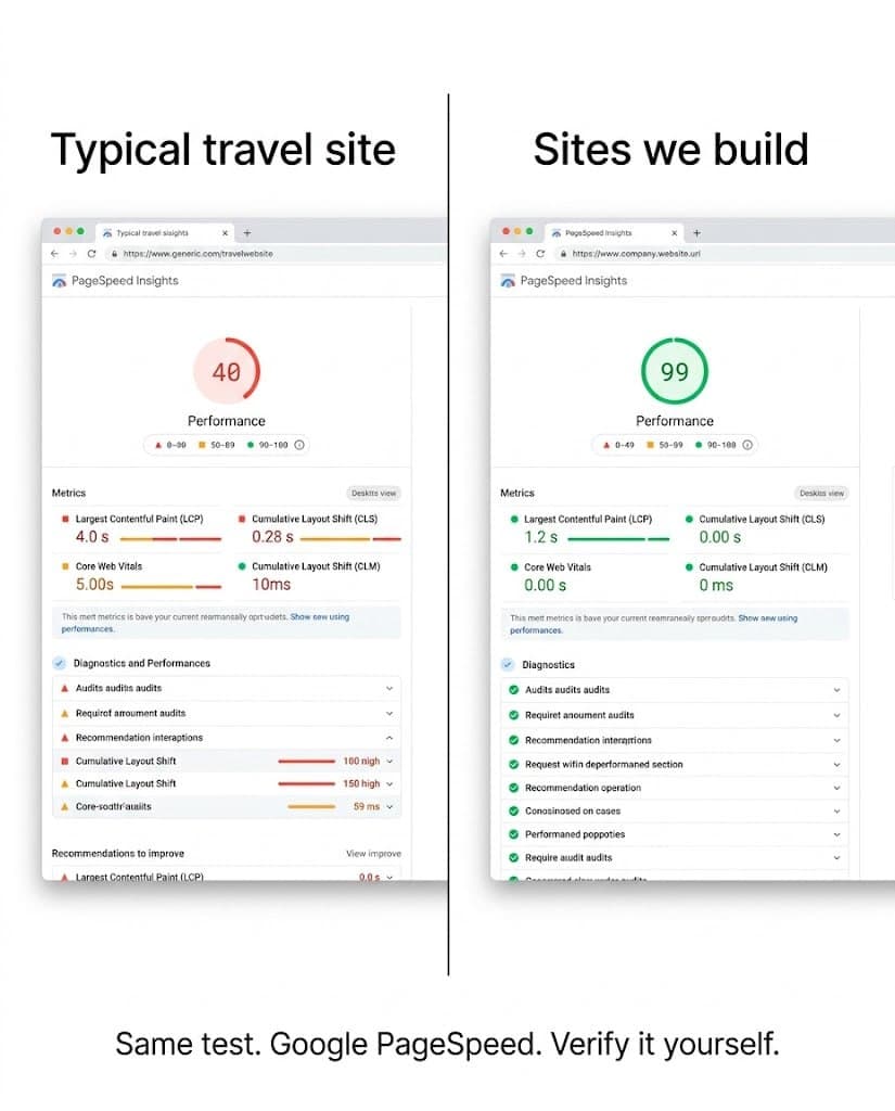 Google PageSpeed comparison: a typical site scores 40 while sites Quentar builds score 99.